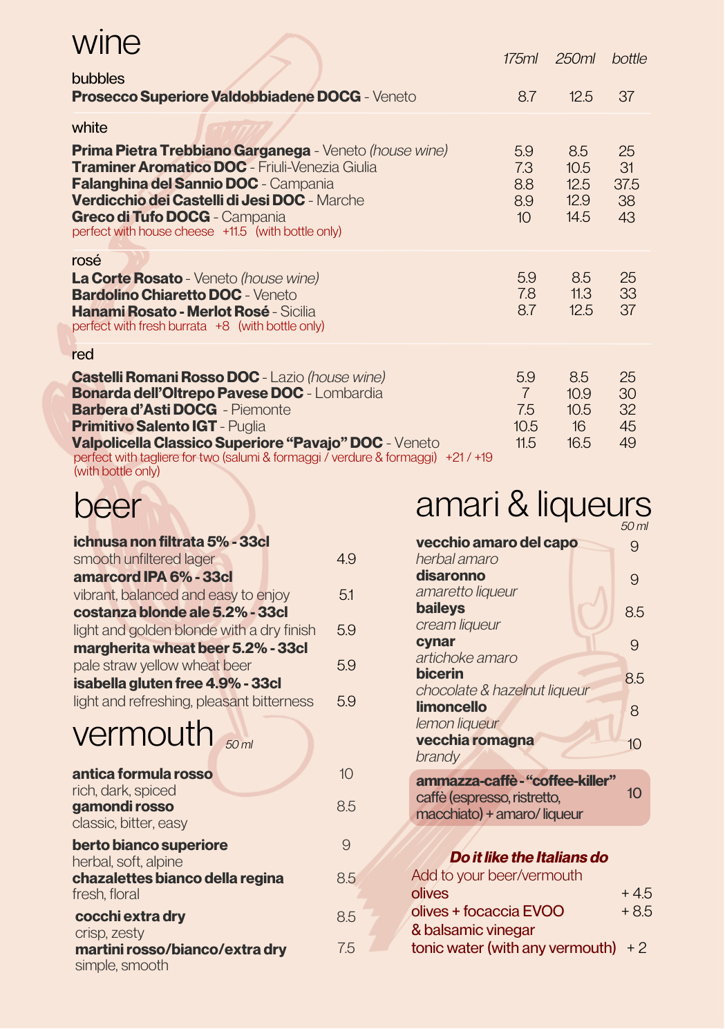 Wine, beer, amari, liqueurs, and vermouth